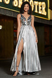 Sparkly Silver A-Line V-Neck Pleated Long Prom Dress with Slit