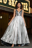 Sparkly Silver A-Line V-Neck Pleated Long Prom Dress with Slit