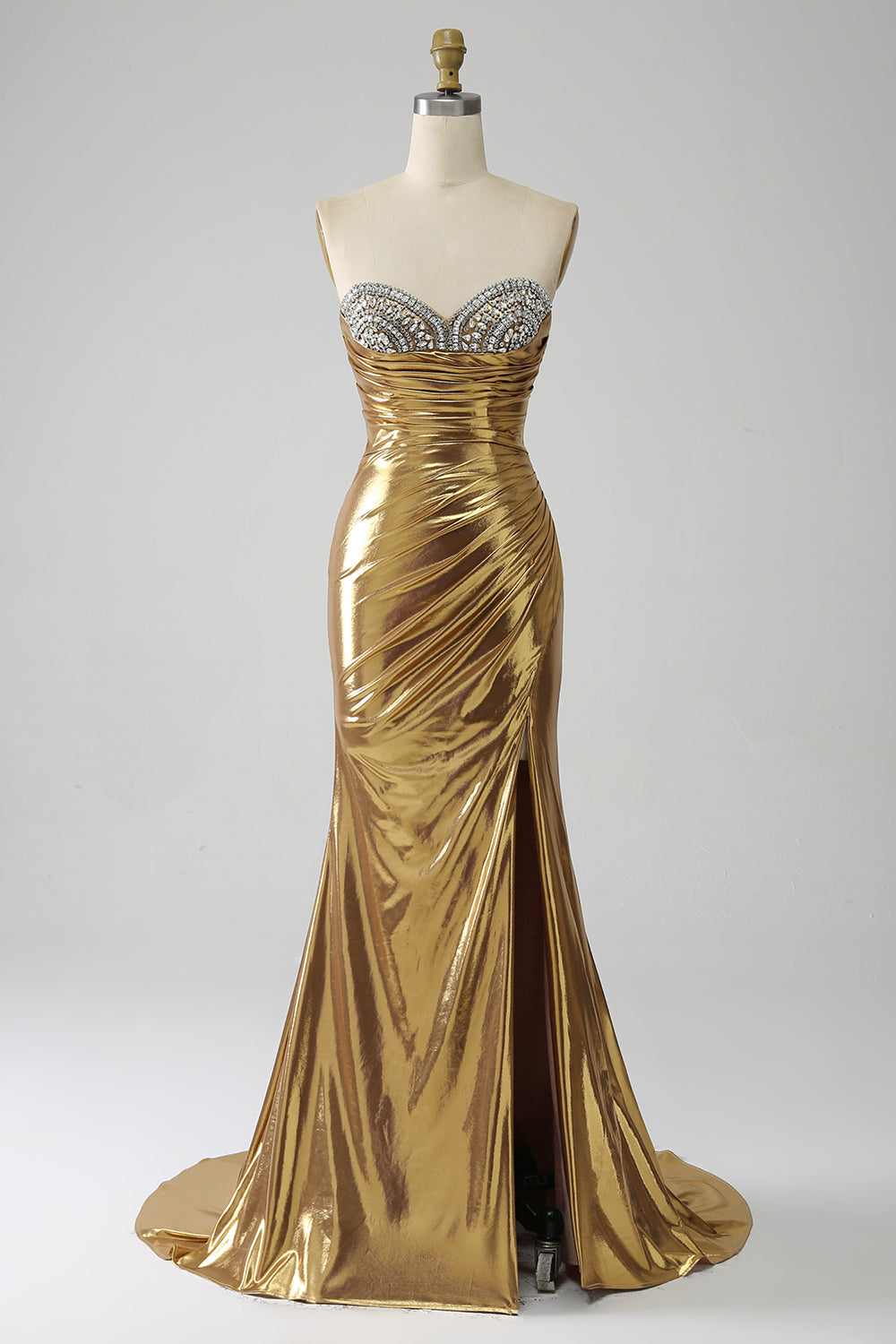 Wedtrend Women Golden Prom Dress Mermaid Strapless Long Beaded Evening Dress with Slit WEDTREND Wedtrend Women Golden Prom Dress Mermaid Strapless Long Beaded Evening Dress with Slit WEDTREND