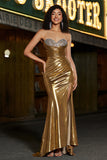 Golden Mermaid Sweetheart Strapless Long Sparkly Prom Dress with Slit