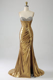Golden Mermaid Sweetheart Strapless Long Beaded Prom Dress with Slit