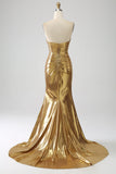 Golden Mermaid Sweetheart Strapless Long Beaded Prom Dress with Slit