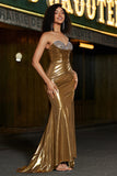 Golden Mermaid Sweetheart Strapless Long Sparkly Prom Dress with Slit