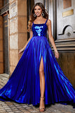 Royal Blue A-Line Lace-Up Back Pleated Sparkly Prom Dress with Front Slit