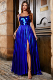 Sparkly Royal Blue A-Line Lace-Up Back Pleated Prom Dress with Slit
