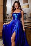 Royal Blue A-Line Lace-Up Back Pleated Sparkly Prom Dress with Front Slit