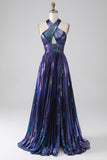 Dark Purple A-Line Halter Pleated Sparkly Prom Dress With Slit