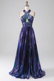 Sparkly Purple A-Line Halter Pleated Prom Dress with Slit