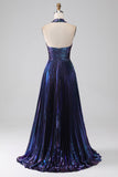 Dark Purple A-Line Halter Pleated Sparkly Prom Dress With Slit