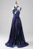 Dark Purple A-Line Halter Pleated Sparkly Prom Dress With Slit