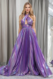 Sparkly Dark Purple A Line Halter Backless Long Prom Dress With Side Slit
