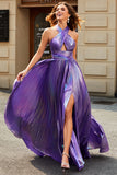 Dark Purple A-Line Halter Pleated Sparkly Prom Dress With Slit