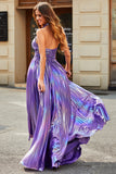 Dark Purple A-Line Halter Pleated Sparkly Prom Dress With Slit