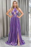 Sparkly Dark Purple A Line Halter Backless Long Prom Dress With Side Slit