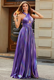 Dark Purple A-Line Halter Pleated Sparkly Prom Dress With Slit