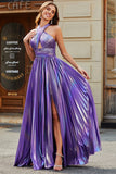 Dark Purple A-Line Halter Pleated Sparkly Prom Dress With Slit