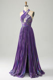 Sparkly Dark Blue A-Line Halter Pleated Metallic Long Prom Dress with Slit
