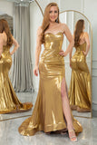Sparkly Golden Mermaid Sweetheart Long Prom Dress With Slit