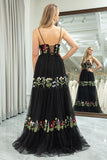 Black A-Line Spaghetti Straps Long Tulle Prom Dress With Embroidery