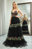 Black A-Line Spaghetti Straps Long Tulle Prom Dress With Embroidery