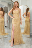 Golden Mermaid Spaghetti Straps Sparkly Sequin Prom Dress With Side Slit