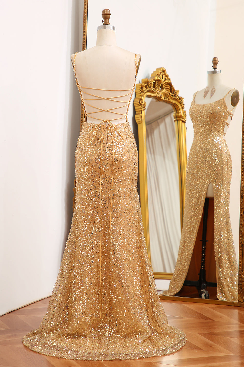 Golden Mermaid Spaghetti Straps Sparkly Sequin Prom Dress With Slit