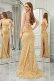 Golden Mermaid Spaghetti Straps Sparkly Sequin Prom Dress With Side Slit