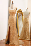 Golden Mermaid Spaghetti Straps Sparkly Sequin Prom Dress With Slit