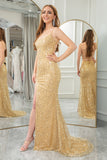 Golden Mermaid Spaghetti Straps Sparkly Sequin Prom Dress With Side Slit