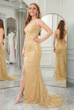 Golden Mermaid Spaghetti Straps Sparkly Sequin Prom Dress With Side Slit