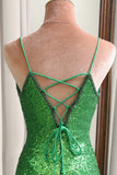 Sparkly Mermaid Green Sequins Long Prom Dress with Split Front