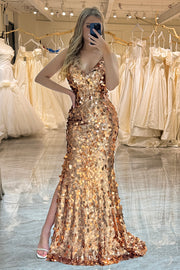 Rose Golden Mermaid Spaghetti Straps Sparkly Sequin Prom Dress With Slit