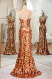 Sparkly Rose Golden Mermaid Floor-Length Mirror Prom Dress With Slit