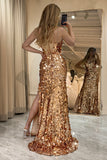 Rose Golden Mermaid Spaghetti Straps Sparkly Sequin Prom Dress With Slit