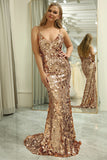 Rose Golden Mermaid Spaghetti Straps Sparkly Sequin Prom Dress With Slit