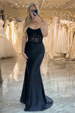 Mermaid Spaghetti Straps Corset Black Prom Dress With Appliques