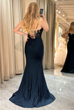 Mermaid Spaghetti Straps Corset Black Prom Dress With Appliques