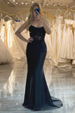 Mermaid Spaghetti Straps Corset Black Prom Dress With Appliques