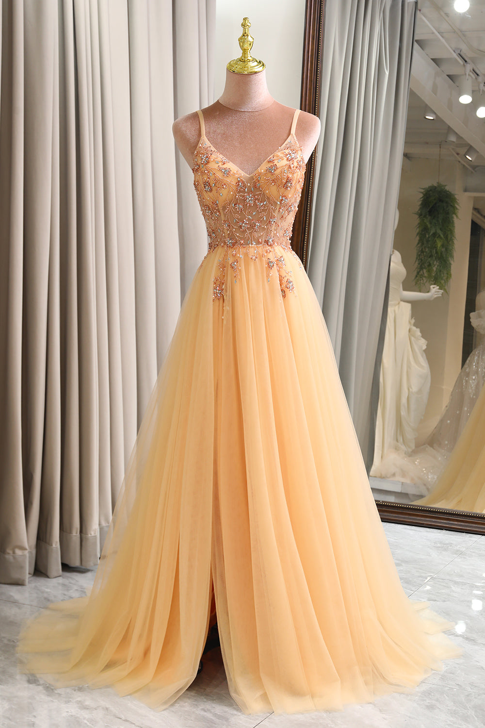 Wedtrend Women Golden Prom Dress A Line Spaghetti Straps Long Evening Dress with Beading, Golden / US14 Wedtrend Women Golden Prom Dress A Line Spaghetti Straps Long Evening Dress with Beading, Golden / US14