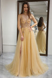 Blush A Line Spaghetti Straps Beaded Long Prom Dress With Slit
