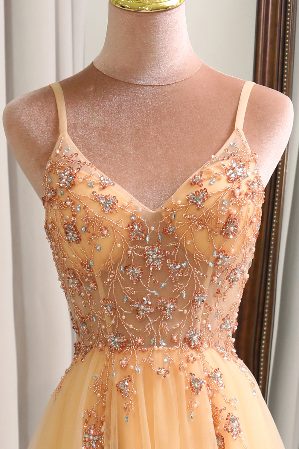 Charming A Line Spaghetti Straps Golden Long Prom Dress with Beading