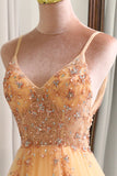Charming A Line Spaghetti Straps Golden Long Prom Dress with Beading