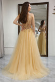 Blush A Line Spaghetti Straps Beaded Long Prom Dress With Slit