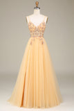 Blush A Line Spaghetti Straps Beaded Long Prom Dress With Slit