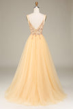 Blush A Line Spaghetti Straps Beaded Long Prom Dress With Slit