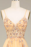 Blush A Line Spaghetti Straps Beaded Long Prom Dress With Slit