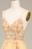 Blush A Line Spaghetti Straps Beaded Long Prom Dress With Slit
