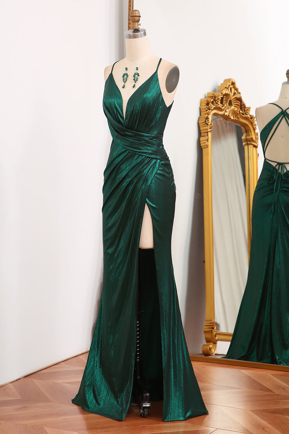 Mermaid Spaghetti Straps Long Dark Green Prom Dress with Open Back