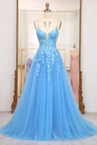 A-Line Spaghetti Straps Tulle Long Blue Prom Dress With Appliques