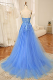 Blue A Line Spaghetti Straps Tulle Long Prom Dress With Beaded Appliques